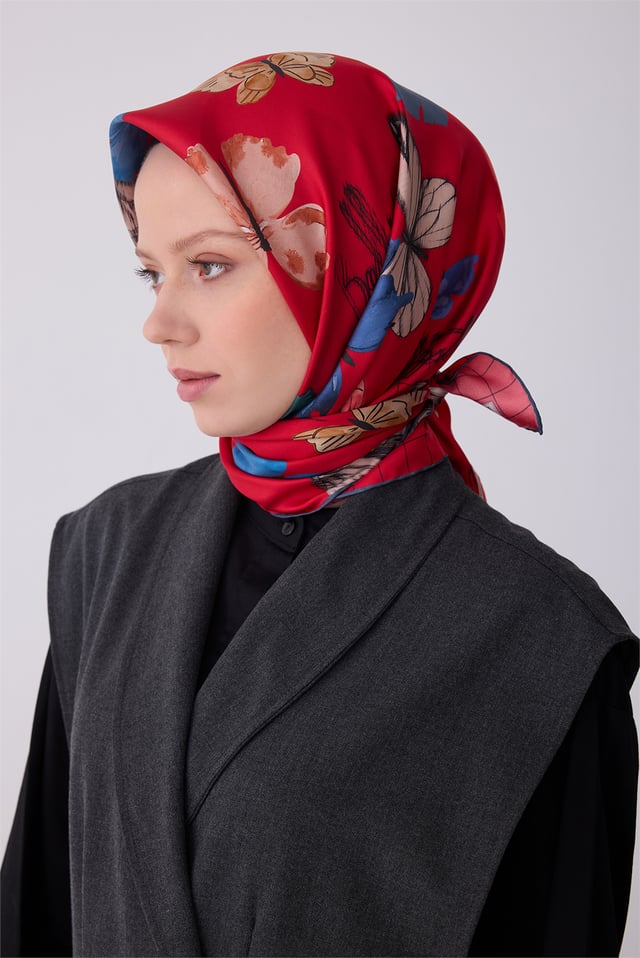 Kırmızı Obje Desen %100 Twill İpek Eşarp 4329 - 83