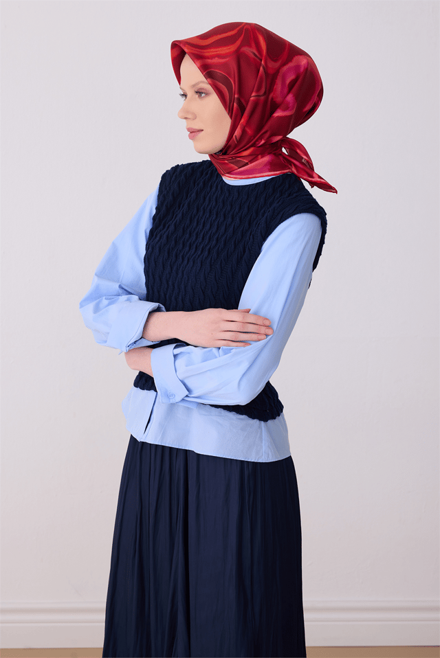 Kırmızı Soyut Desen %100 Twill İpek Eşarp 4301 - 33