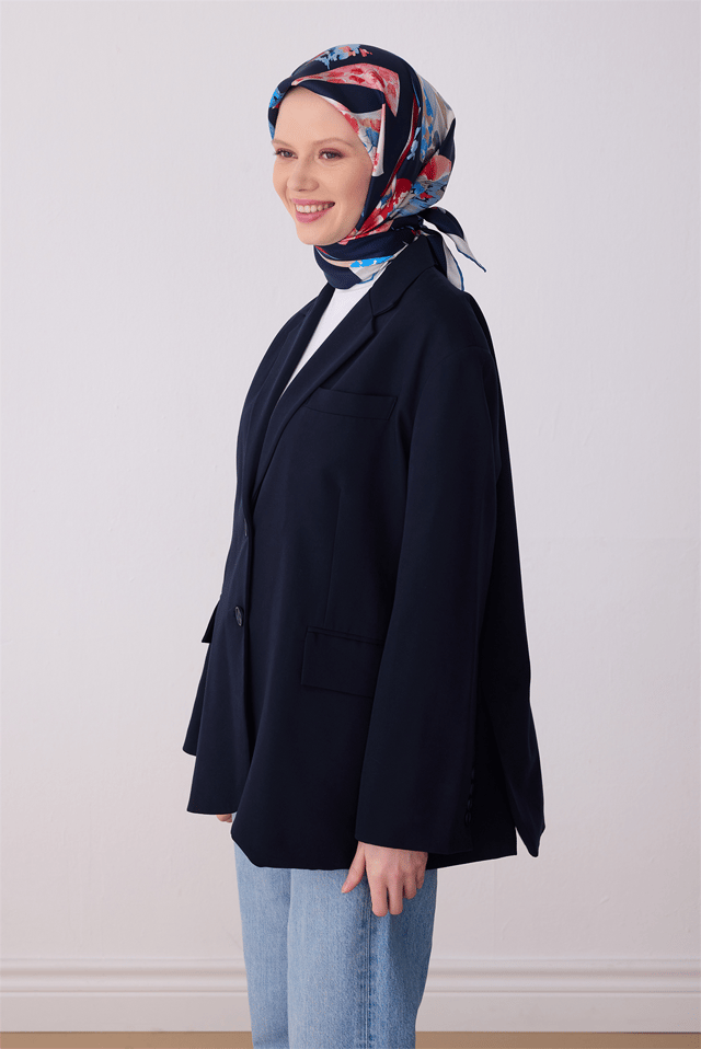 Lacivert Obje Desen %100 Twill İpek Eşarp 4316 - 02