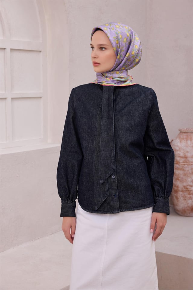 Lila Limon Desen %100 Twill İpek Eşarp 4212 - 55