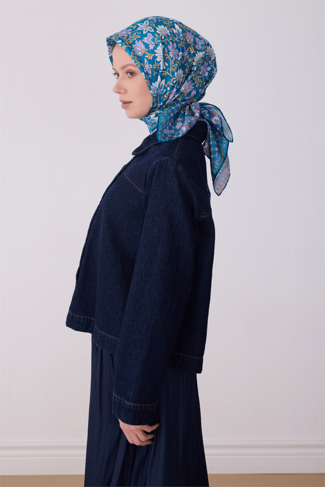 Mavi Etnik Desen %100 Twill İpek Eşarp 4314 - 52