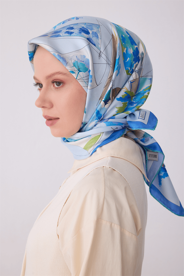 Mavi Obje Desen %100 Twill İpek Eşarp 4316 - 80