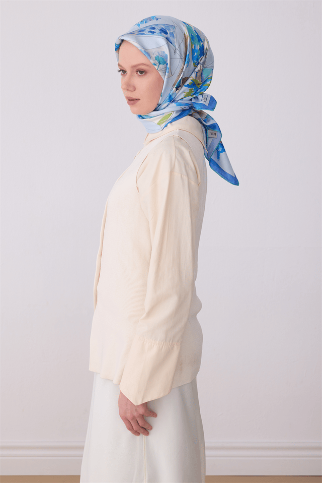 Mavi Obje Desen %100 Twill İpek Eşarp 4316 - 80