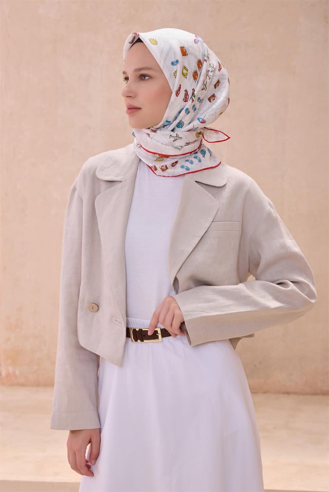 Beyaz Obje Desen %100 Twill İpek Eşarp 4121 - 02
