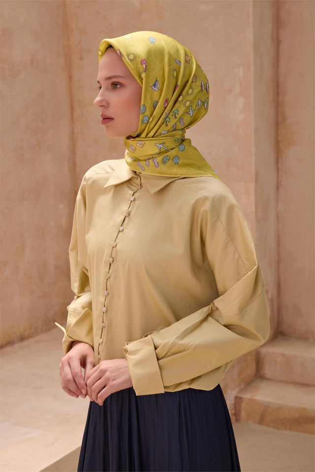 Hardal Obje Desen %100 Twill İpek Eşarp 4121 - 55