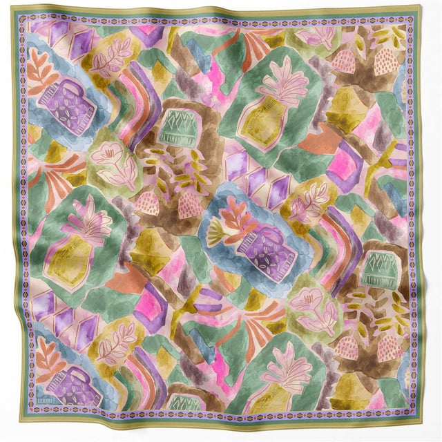 Yağ Yeşili Obje Desen %100 Twill İpek Eşarp 4216 - 02