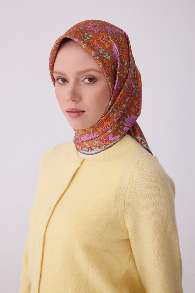 Oranj Etnik Desen %100 Twill İpek Eşarp 4314 - 31