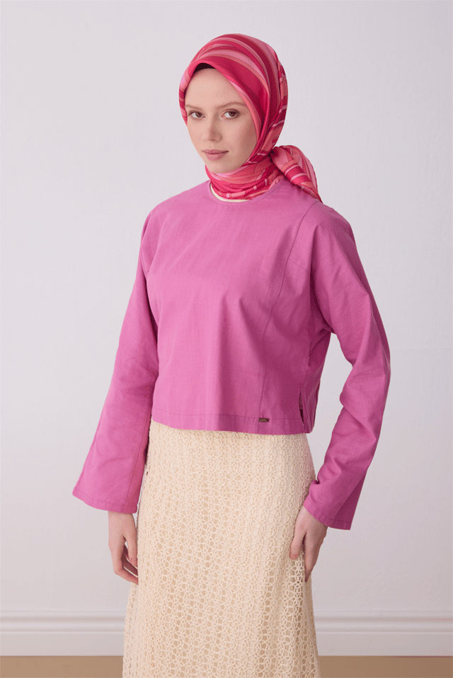 Pembe Geometrik Desen %100 Twill İpek Eşarp 4311 - 81