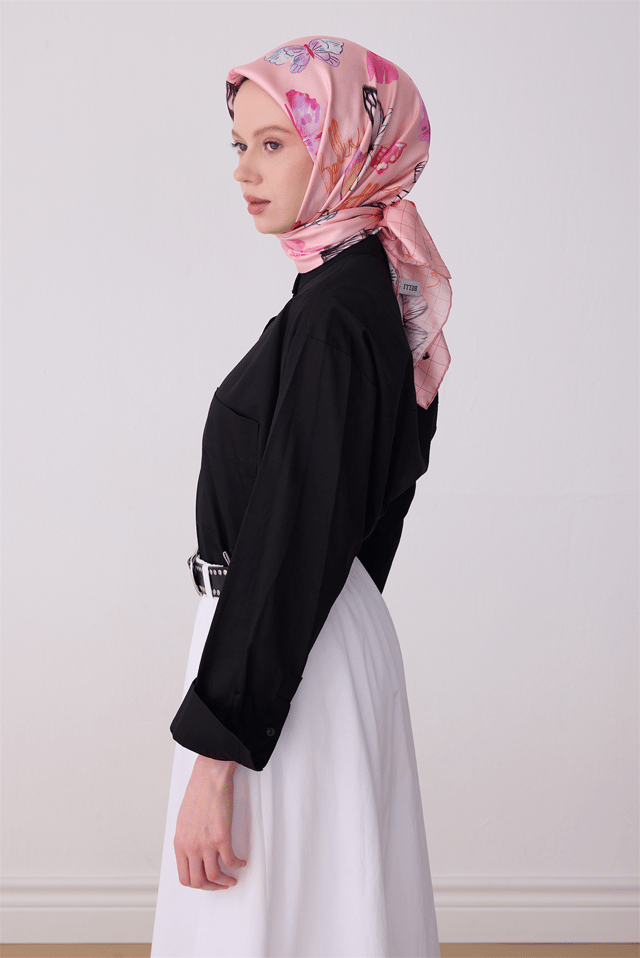 Pembe Obje Desen %100 Twill İpek Eşarp 4329 - 02