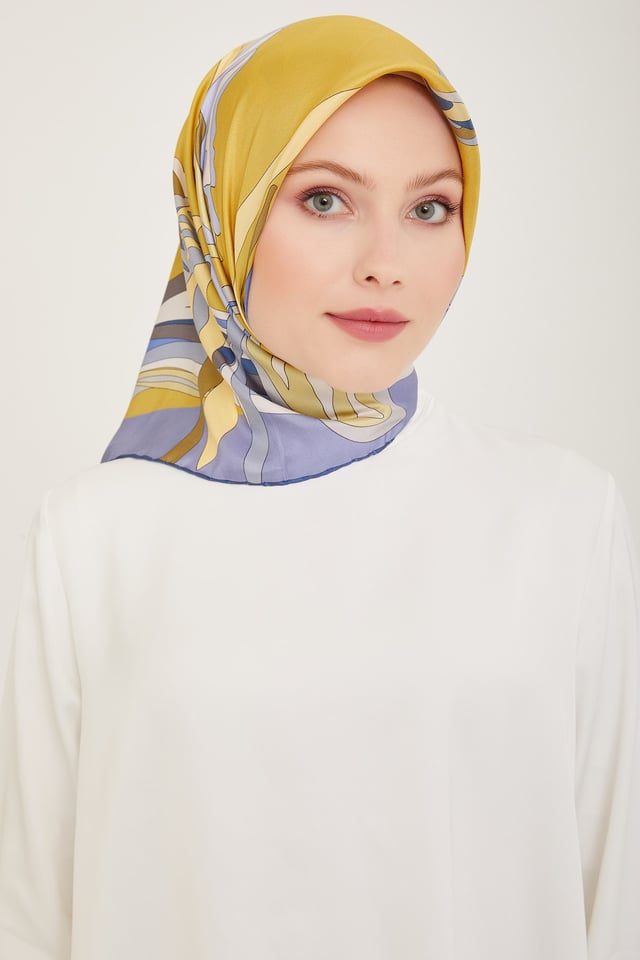 Sarı Lila Bej Soyut Desen %100 Twill İpek Eşarp 4017 - 80