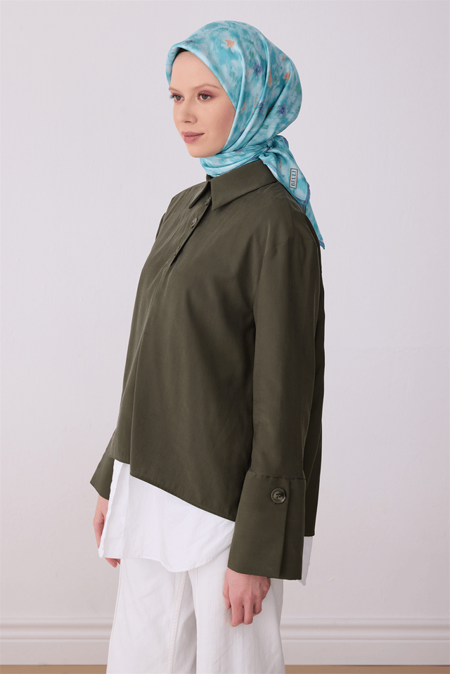 Yeşil Çiçek Desen %100 Twill İpek Eşarp 4319 - 52