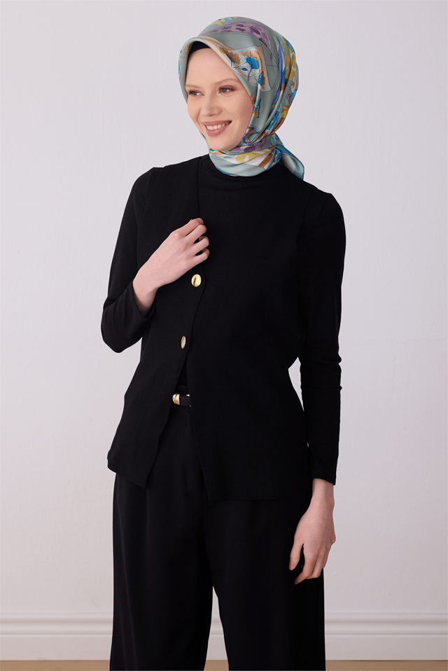 Yeşil Obje Desen %100 Twill İpek Eşarp 4316 - 82