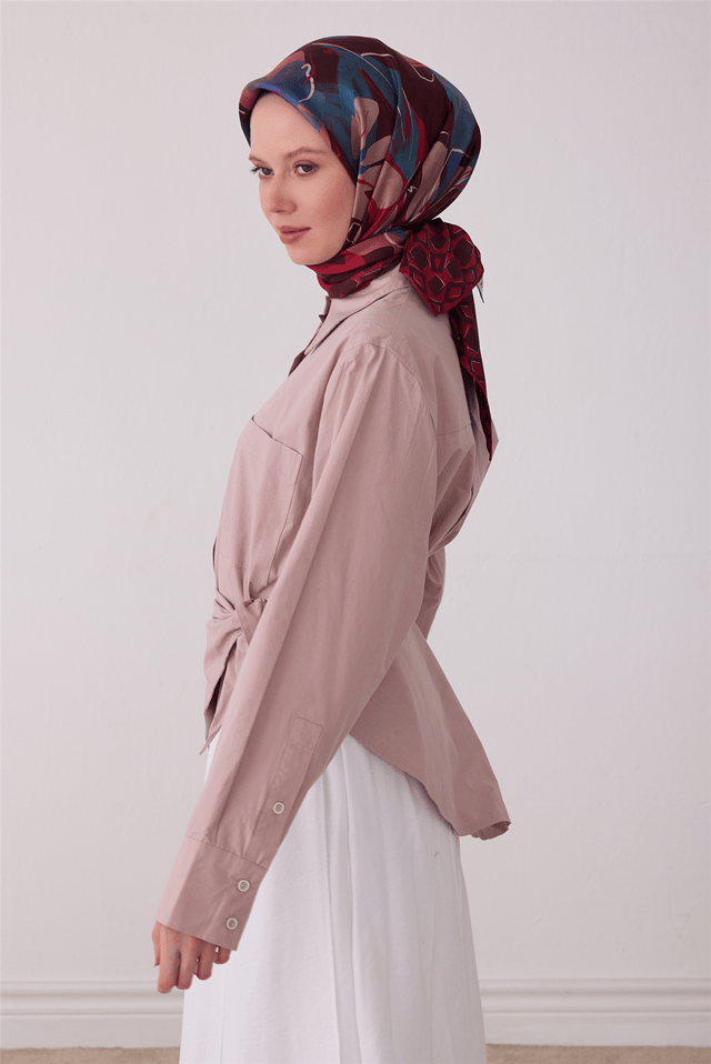 Bordo Çiçek Deseni %100 Twill İpek Eşarp 4426-80