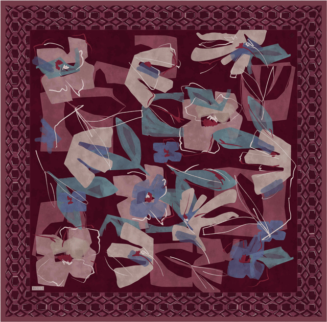 Bordo Çiçek Deseni %100 Twill İpek Eşarp 4426-80