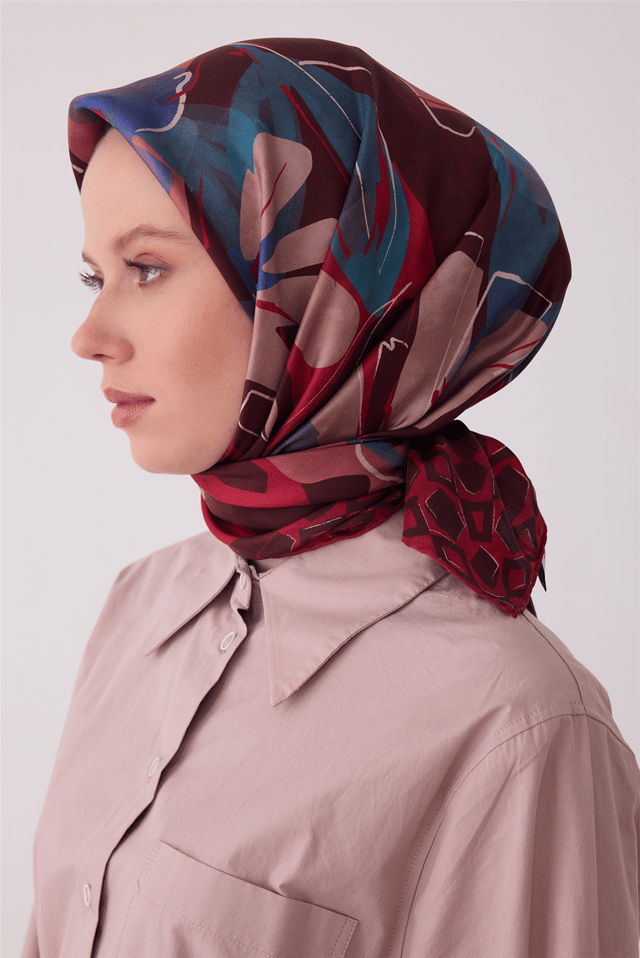 Bordo Çiçek Deseni %100 Twill İpek Eşarp 4426-80