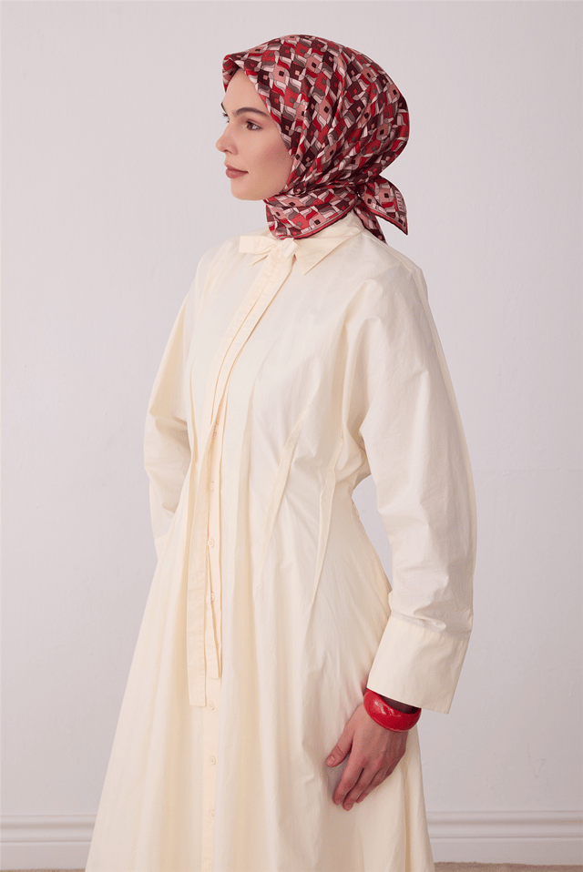 Bordo Geometrik Desen %100 Twill İpek Eşarp 4402-03
