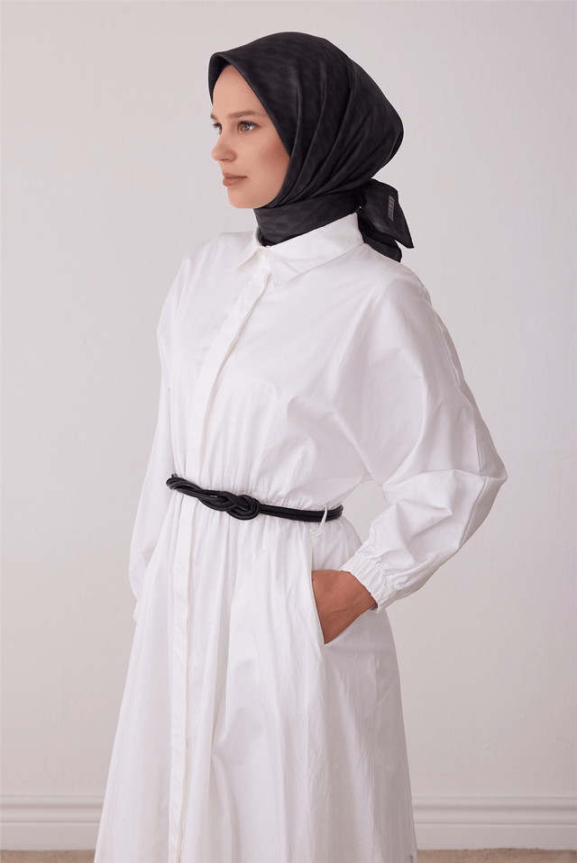Gri Geometrik Desen %100 Twill İpek Eşarp 4425-80