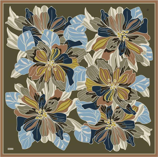 Haki Çiçek Deseni %100 Twill İpek Eşarp 4413-52