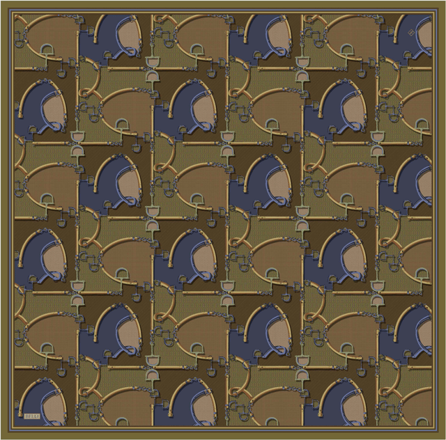 Haki Geometrik Desen %100 Twill İpek Eşarp 4400-81