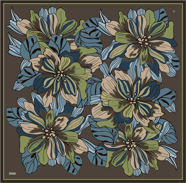 Kahverengi Çiçek Deseni %100 Twill İpek Eşarp 4413-54