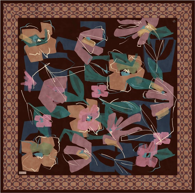 Kahverengi Çiçek Deseni %100 Twill İpek Eşarp 4426-03