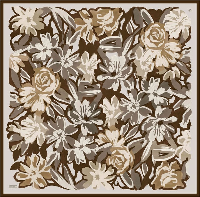Kahverengi Çiçek Deseni %100 Twill İpek Eşarp 4416-85