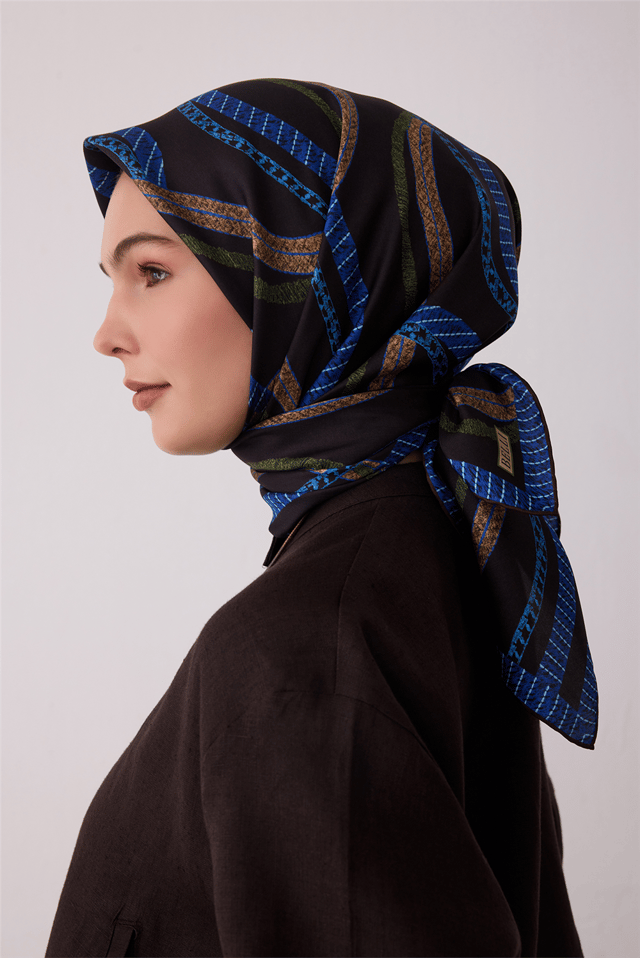 Kahverengi Geometrik Desen %100 Twill İpek Eşarp 4424-56