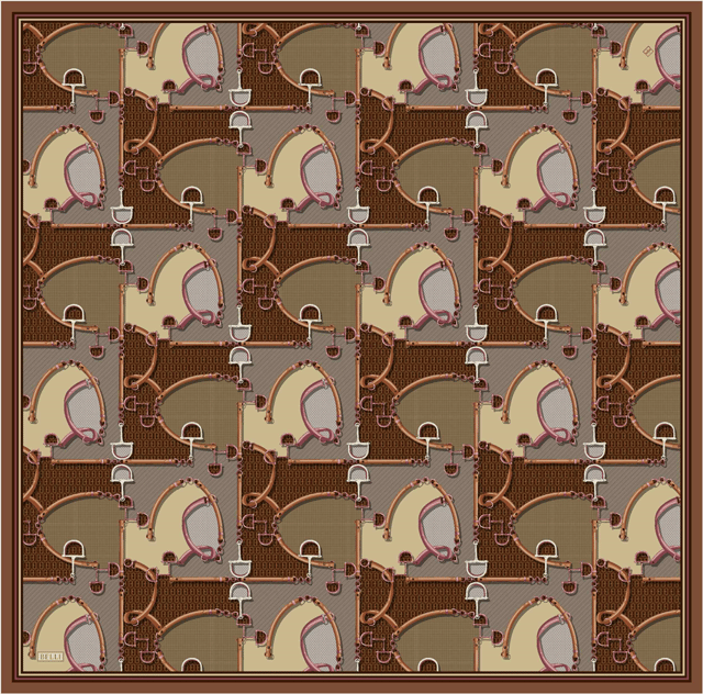 Kahverengi Geometrik Desen %100 Twill İpek Eşarp 4400-05