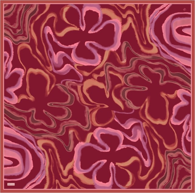 Kırmızı Soyut Desen %100 Twill İpek Eşarp 4301 - 33
