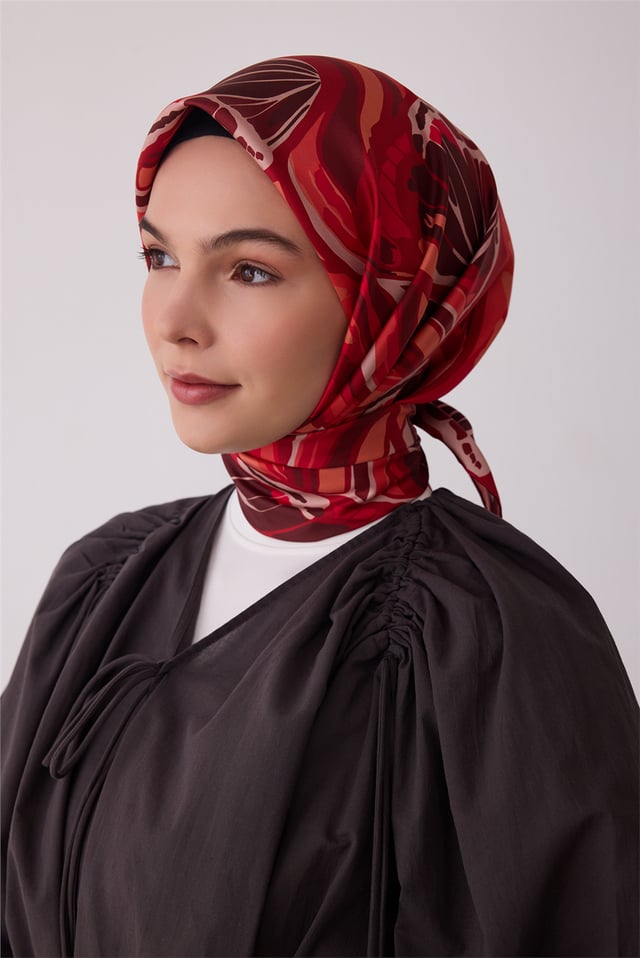 Kırmızı Soyut Desen %100 Twill İpek Eşarp 4417-57