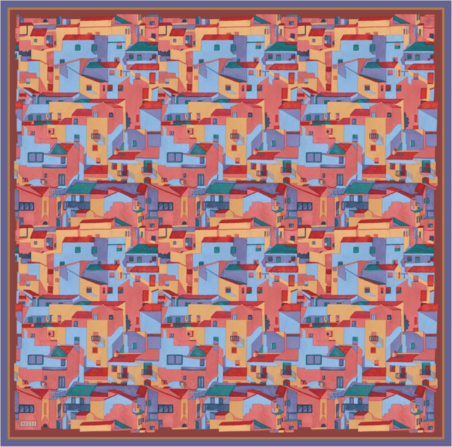 Çok Renkli Obje Desen %100 Twill İpek Eşarp 4307 - 55