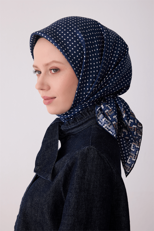 Lacivert Klasik Desen %100 Twill İpek Eşarp 4326 - 86