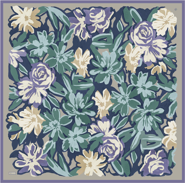 Mavi Çiçek Deseni %100 Twill İpek Eşarp 4416-80