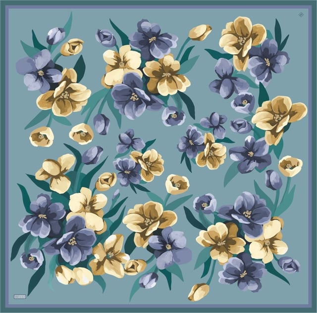 Çok Renkli Çiçek Desen %100 Twill İpek Eşarp 4330 - 82