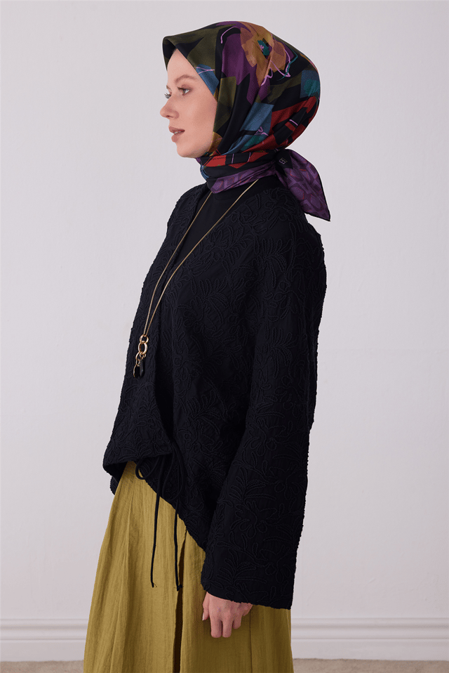 Mor Çiçek Deseni %100 Twill İpek Eşarp 4426-04