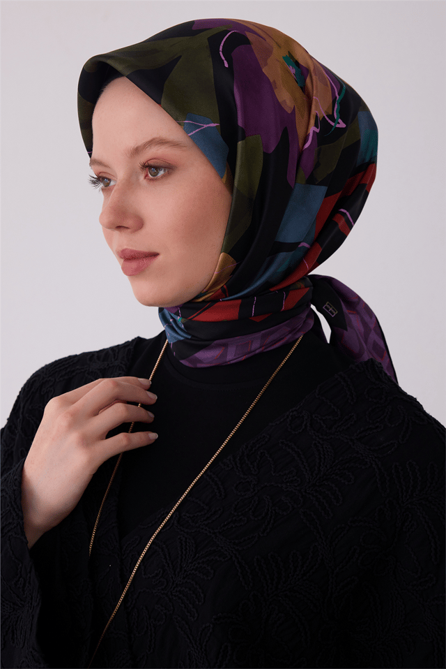 Mor Çiçek Deseni %100 Twill İpek Eşarp 4426-04