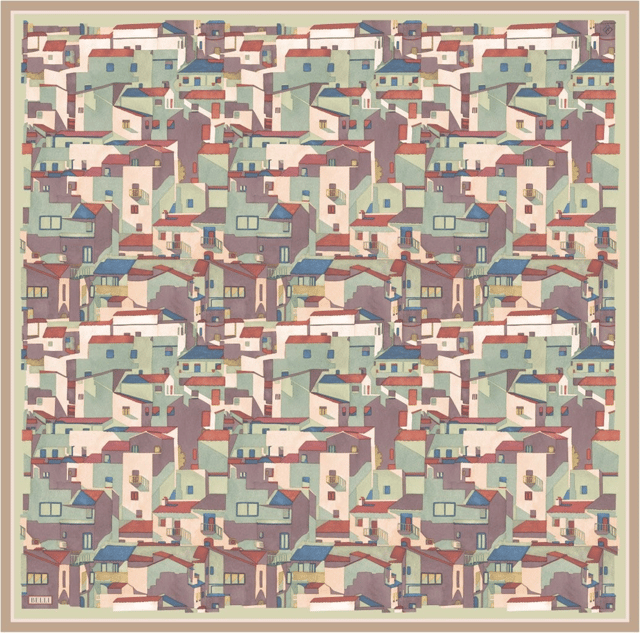 Çok Renkli Obje Desen %100 Twill İpek Eşarp 4307 - 34