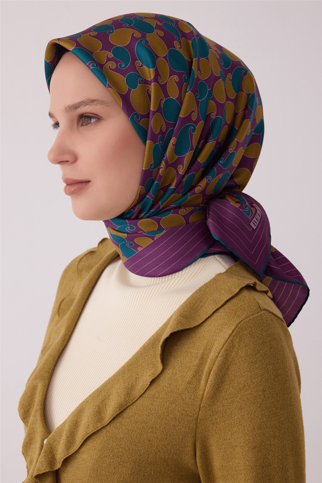 Mor Etnik Desen %100 Twill İpek Eşarp 4422-03