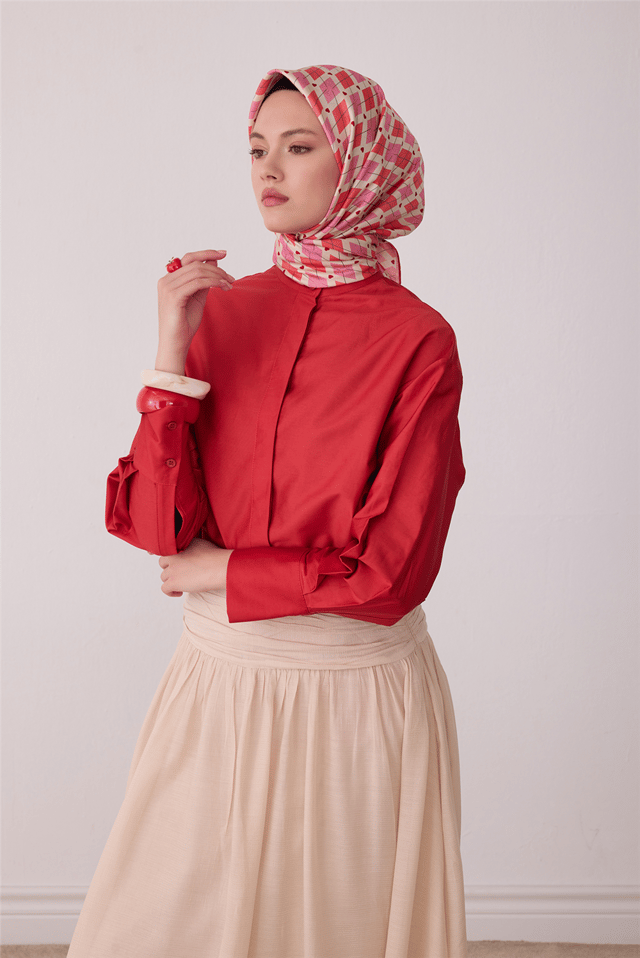 Pembe Geometrik Desen %100 Twill İpek Eşarp 4408-80