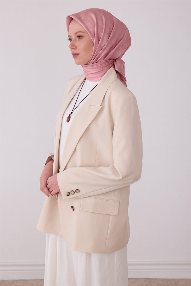 Pembe Soyut Desen %100 Twill İpek Eşarp 4428-01