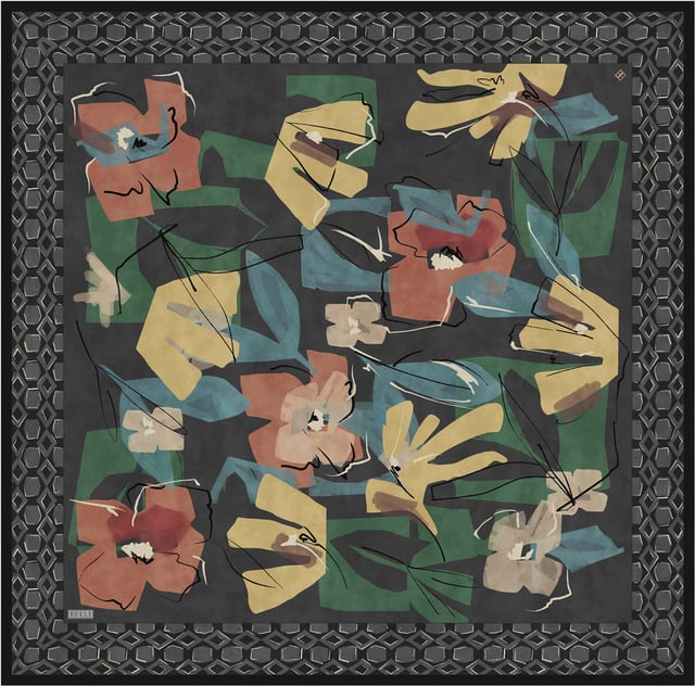 Siyah Çiçek Deseni %100 Twill İpek Eşarp 4426-82