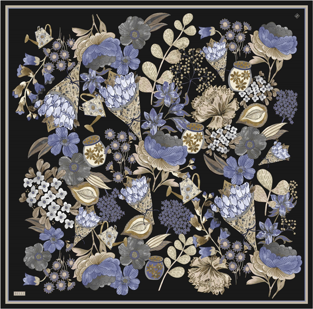 Siyah Çiçek Deseni %100 Twill İpek Eşarp 4415-86