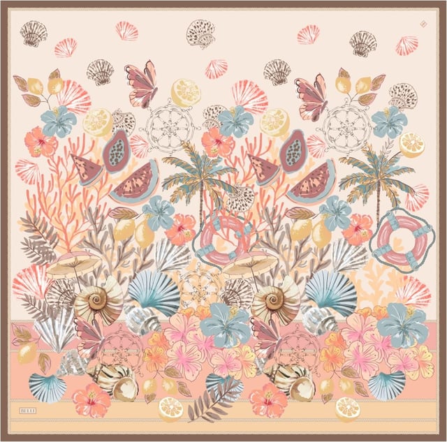 Çok Renkli Obje Desen %100 Twill İpek Eşarp 4324 - 83