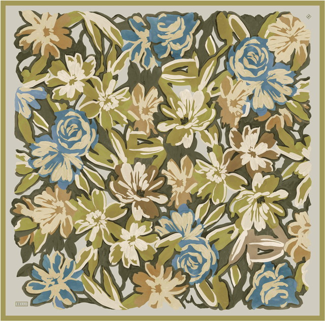 Yeşil Çiçek Deseni %100 Twill İpek Eşarp 4416-81