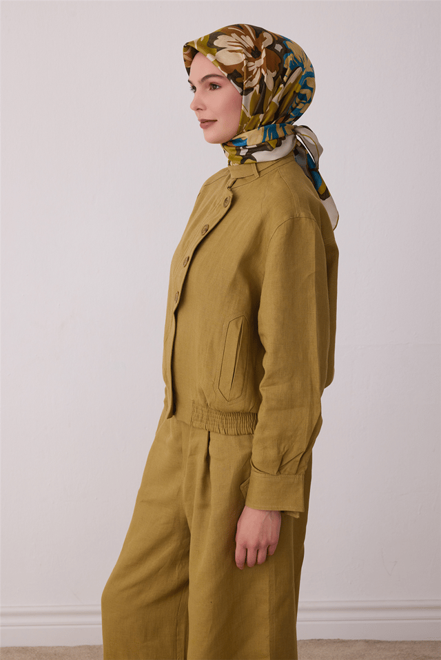 Yeşil Çiçek Deseni %100 Twill İpek Eşarp 4416-81