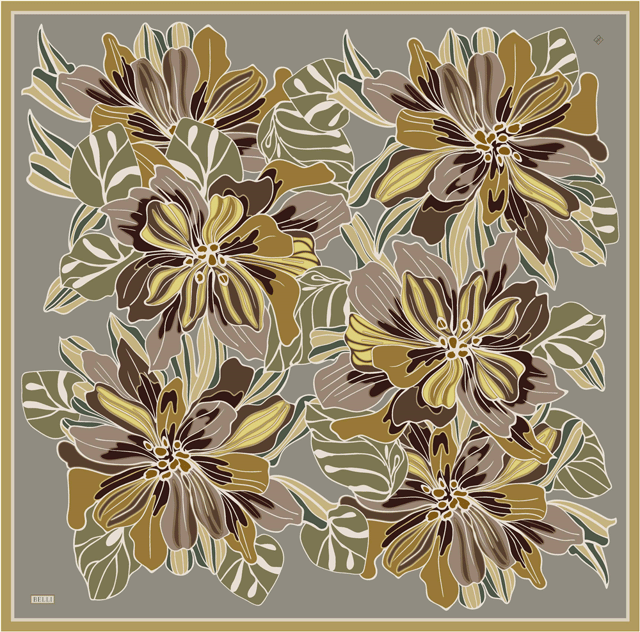 Yeşil Çiçek Deseni %100 Twill İpek Eşarp 4413-36