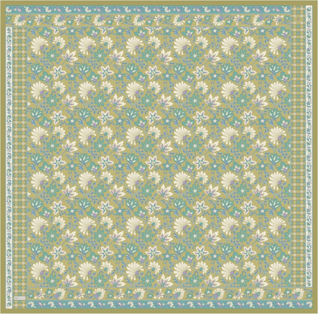 Yeşil Etnik Desen %100 Twill İpek Eşarp 4314 - 83