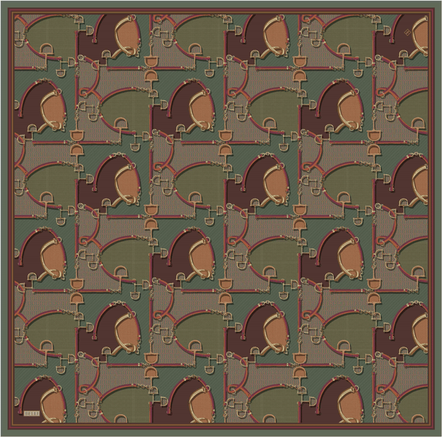 Yeşil Geometrik Desen %100 Twill İpek Eşarp 4400-82
