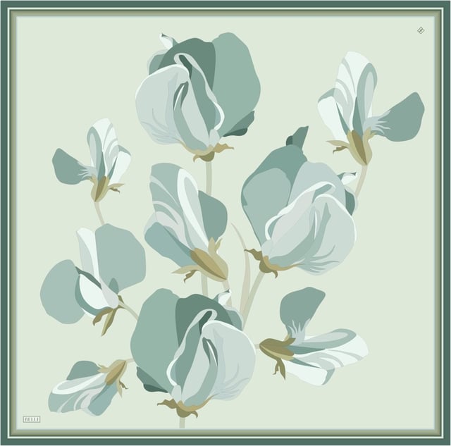 Yeşil Çiçek Desen %100 Twill İpek Eşarp 4303 - 03