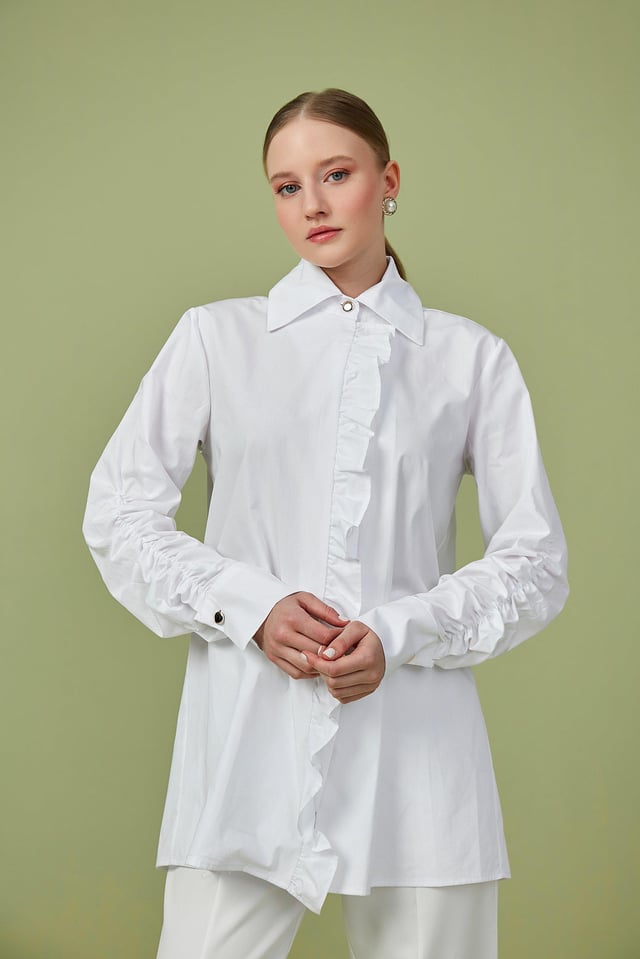 Beyaz Fırfır Detaylı Poplin Tunik